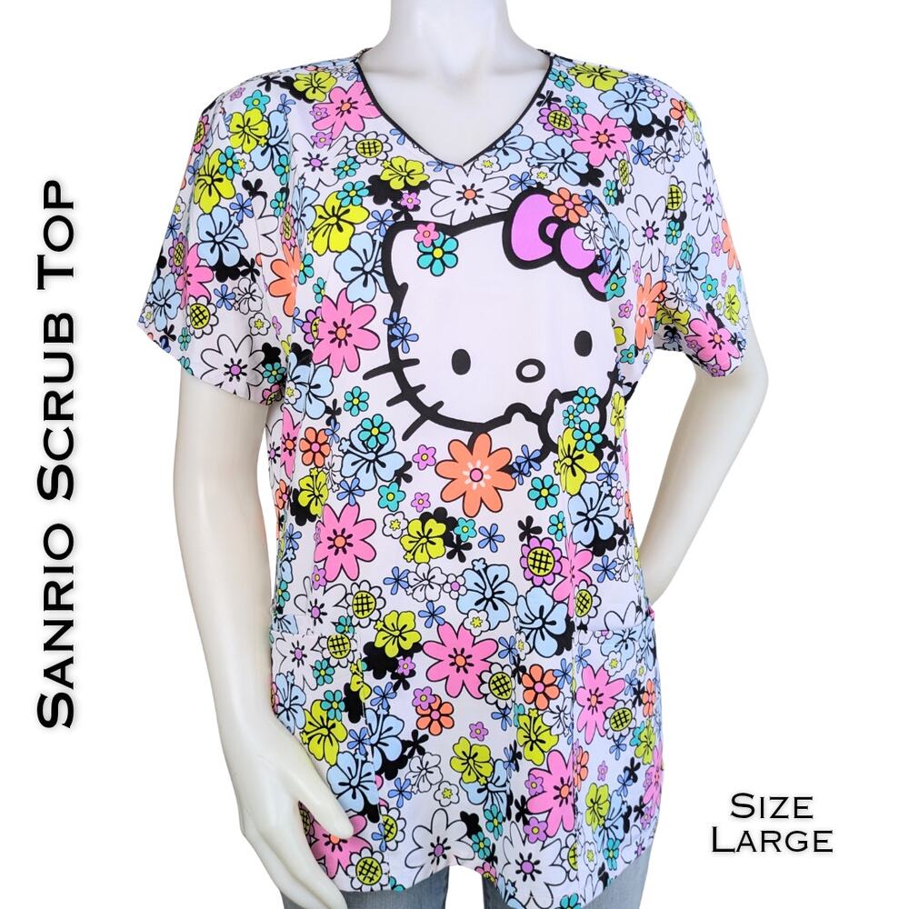 Sanrio Hello Kitty Womens Scrub Top Large Pink Blue Floral Medical Nurse V-Neck